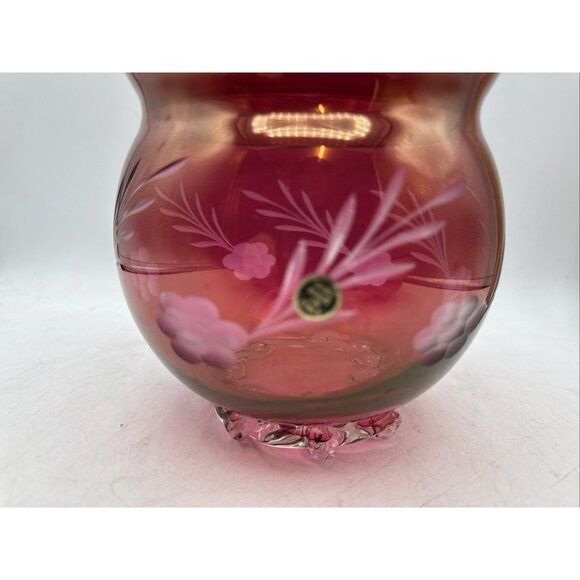 Floral Etched Cranberry Glass Lidded Candy Pedestal Made In Italy Vintage 9 In - Picture 3 of 12